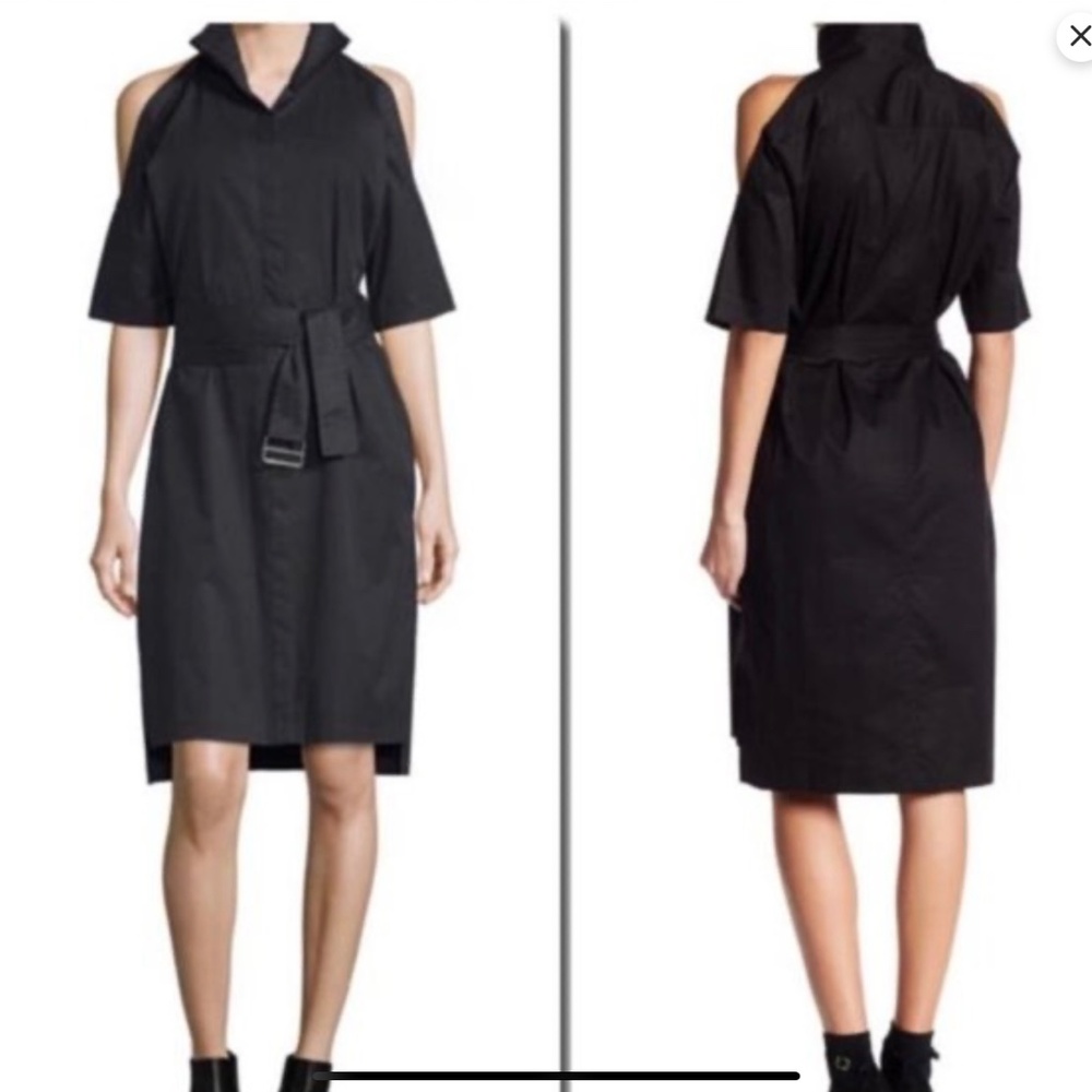 DKNY Black Cold Shoulder Cotton Shirt Dress With Belt, Size L - Picture 3 of 16